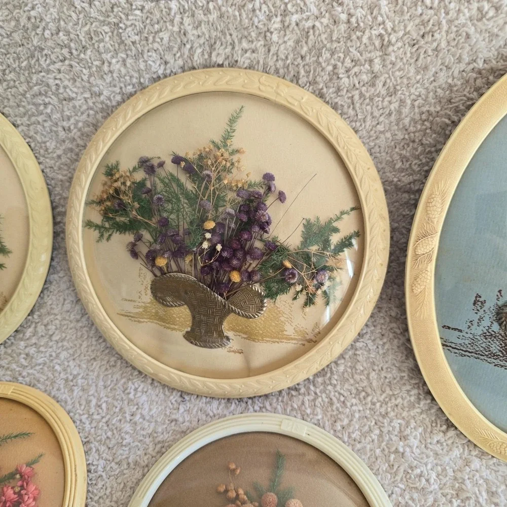 Vintage Dried Flowers In Baskets W/convex Glass Frames Wall Plaques Set Of 8
